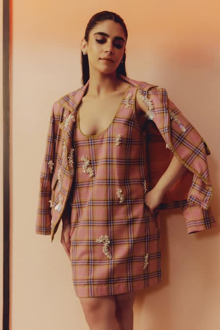 Kavya Singh Kundu Tumi Plaid Hand Embroidered Blazer