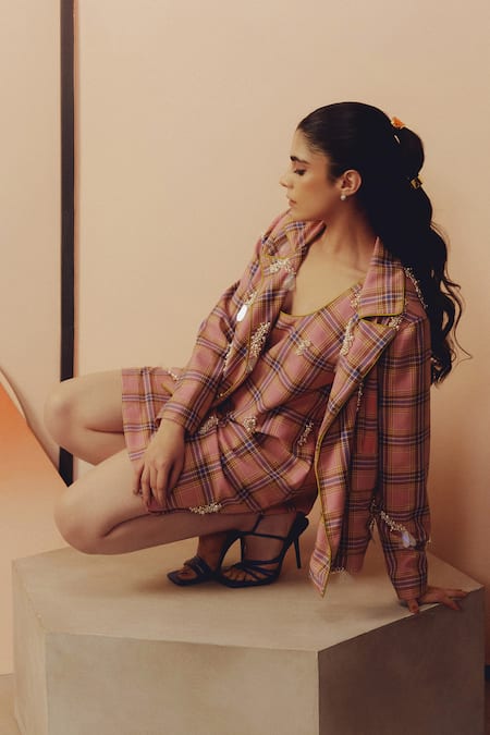 Buy_Kavya Singh Kundu_Pink Wool Beads, Pearls Tumi Plaid Hand Embroidered Blazer _Online_at_Aza_Fashions