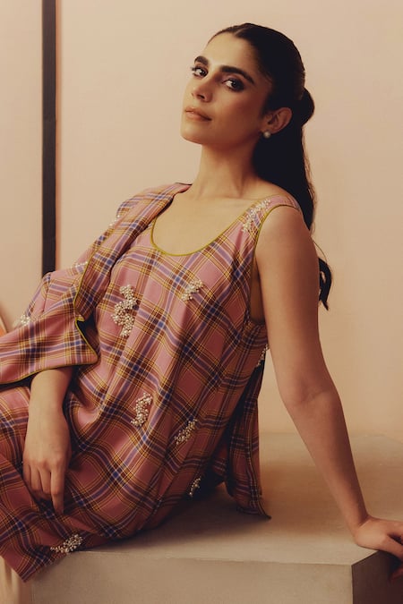 Shop_Kavya Singh Kundu_Pink Wool Beads, Pearls Tumi Plaid Hand Embroidered Blazer _Online_at_Aza_Fashions