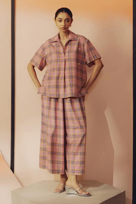 Kavya Singh Kundu Rum Plaid Hand Embroidered Shirt With Pant 