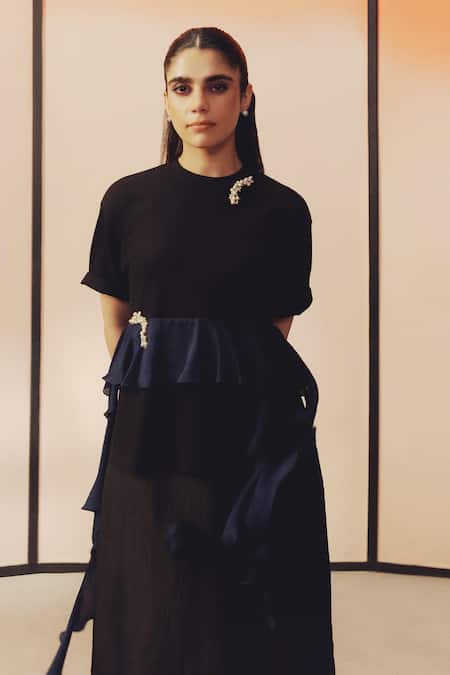 Shop Kavya Singh Kundu Black Silk Pearls, Crystals Round Neck Sago Hand Embroidered Tiered Maxi Dress Online at Aza Fashions Shop_Kavya Singh Kundu_Black Silk Pearls, Crystals Round Neck Sago Hand Embroidered Tiered Maxi Dress _Online_at_Aza_Fashions