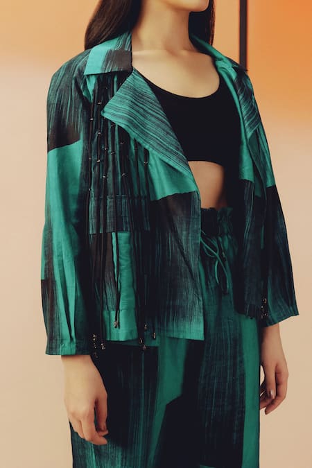 Kavya Singh Kundu_Teal Silk Embroidery Collared, V-neck Benji Block Printed Shirt And Pant Set _Online_at_Aza_Fashions