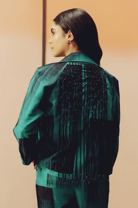 Shop_Kavya Singh Kundu_Teal Silk Embroidery Collared, V-neck Benji Block Printed Shirt And Pant Set _Online_at_Aza_Fashions