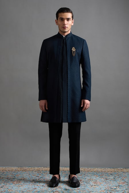 Gargee Designers Teal Jacquard Brooches Vansh Jacket And Trouser Set Online at Aza Fashions Gargee Designers_Teal Jacquard Brooches Vansh Jacket And Trouser Set _Online_at_Aza_Fashions