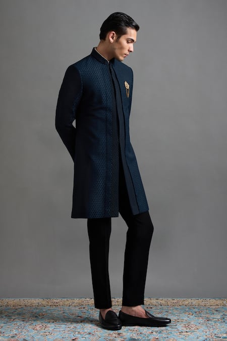 Buy Gargee Designers Teal Jacquard Brooches Vansh Jacket And Trouser Set Online at Aza Fashions Buy_Gargee Designers_Teal Jacquard Brooches Vansh Jacket And Trouser Set _Online_at_Aza_Fashions