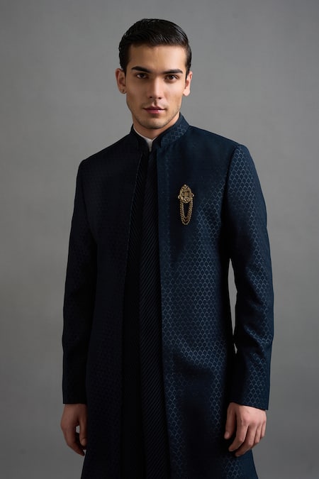 Shop Gargee Designers Teal Jacquard Brooches Vansh Jacket And Trouser Set Online at Aza Fashions Shop_Gargee Designers_Teal Jacquard Brooches Vansh Jacket And Trouser Set _Online_at_Aza_Fashions