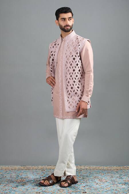 Gargee Designers Blush Suede Cut Work, Embroidery Jaal Bundi And Kurta Set Online at Aza Fashions Gargee Designers_Blush Suede Cut Work, Embroidery Jaal Bundi And Kurta Set _Online_at_Aza_Fashions