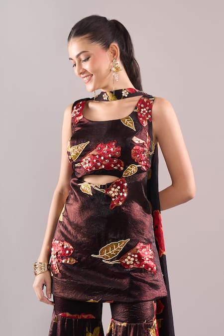 Shop_Samyukta Singhania_Brown Satin, Organza Embroidery, Mirrors Printed Hand Blouse And Sharara Set _Online_at_Aza_Fashions