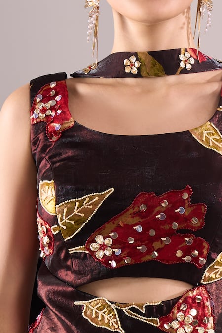 Samyukta Singhania_Brown Satin, Organza Embroidery, Mirrors Printed Hand Blouse And Sharara Set _at_Aza_Fashions