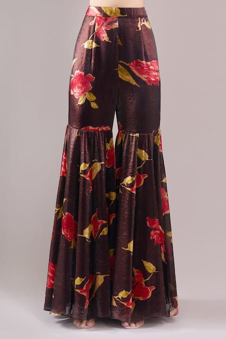 Buy_Samyukta Singhania_Brown Satin, Organza Embroidery, Mirrors Printed Hand Blouse And Sharara Set 