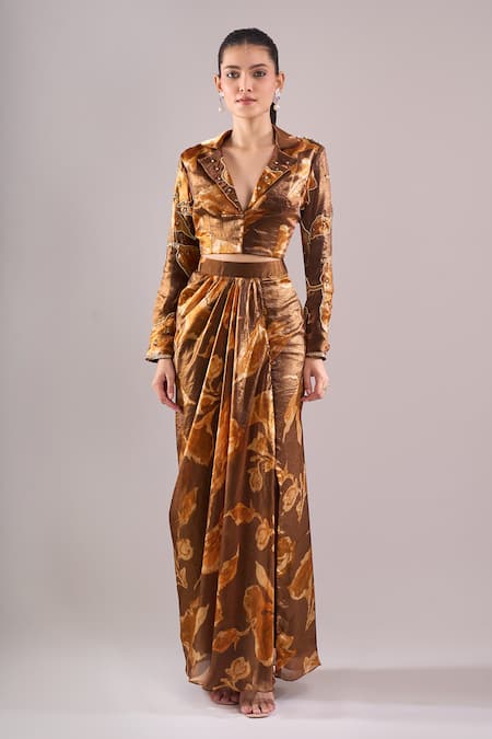 Samyukta Singhania_Brown Satin, Organza Embroidery, Beads Hand Print Blazer And Draped Skirt Set _Online_at_Aza_Fashions