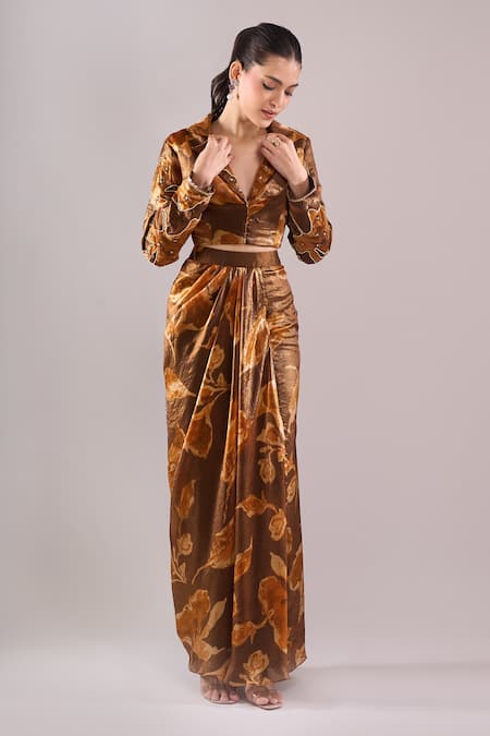 Buy_Samyukta Singhania_Brown Satin, Organza Embroidery, Beads Hand Print Blazer And Draped Skirt Set _Online_at_Aza_Fashions