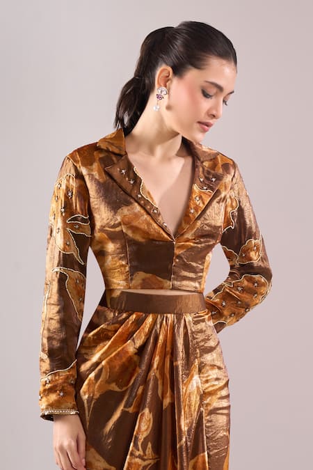 Samyukta Singhania_Brown Satin, Organza Embroidery, Beads Hand Print Blazer And Draped Skirt Set _at_Aza_Fashions