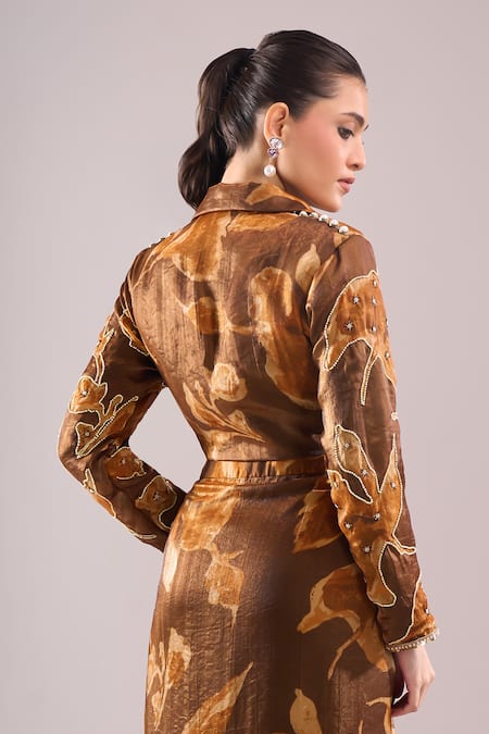 Shop_Samyukta Singhania_Brown Satin, Organza Embroidery, Beads Hand Print Blazer And Draped Skirt Set 