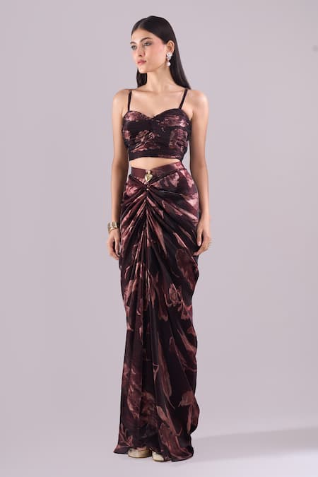 Samyukta Singhania_Wine Satin, Organza Embroidery Sweetheart Printed Jacket And Draped Skirt Set _Online_at_Aza_Fashions
