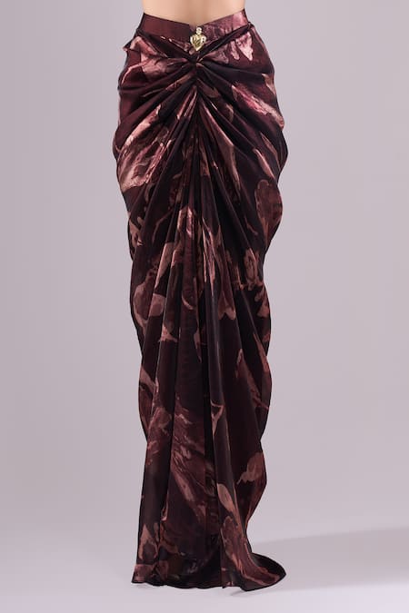 Buy_Samyukta Singhania_Wine Satin, Organza Embroidery Sweetheart Printed Jacket And Draped Skirt Set _Online_at_Aza_Fashions