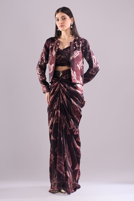 Shop_Samyukta Singhania_Wine Satin, Organza Embroidery Sweetheart Printed Jacket And Draped Skirt Set _Online_at_Aza_Fashions