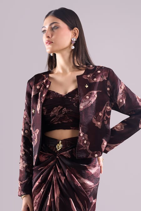 Samyukta Singhania_Wine Satin, Organza Embroidery Sweetheart Printed Jacket And Draped Skirt Set _at_Aza_Fashions