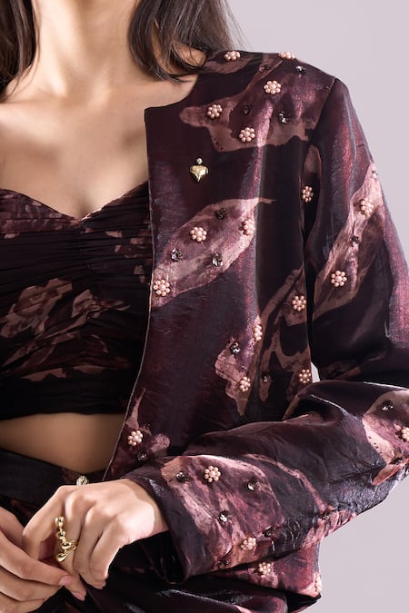 Buy_Samyukta Singhania_Wine Satin, Organza Embroidery Sweetheart Printed Jacket And Draped Skirt Set 