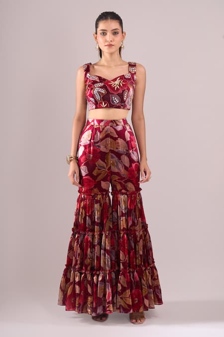 Samyukta Singhania_Maroon Embroidery Open , Sweetheart Printed Hand Jacket Sharara Set _Online_at_Aza_Fashions