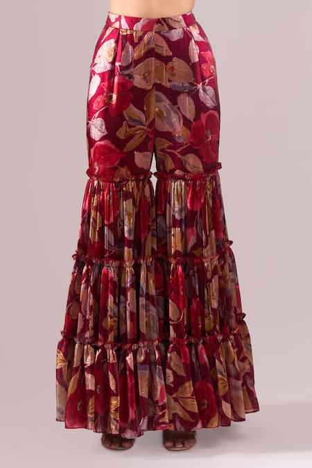 Buy_Samyukta Singhania_Maroon Embroidery Open , Sweetheart Printed Hand Jacket Sharara Set _Online_at_Aza_Fashions