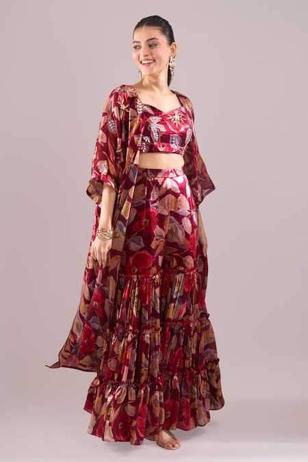 Shop_Samyukta Singhania_Maroon Embroidery Open , Sweetheart Printed Hand Jacket Sharara Set _Online_at_Aza_Fashions