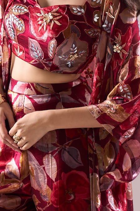 Samyukta Singhania_Maroon Embroidery Open , Sweetheart Printed Hand Jacket Sharara Set _at_Aza_Fashions