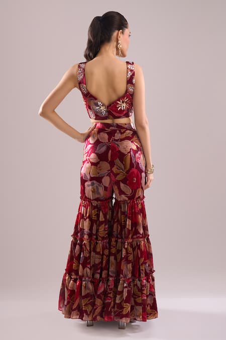 Buy_Samyukta Singhania_Maroon Embroidery Open , Sweetheart Printed Hand Jacket Sharara Set 