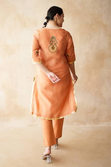 Shop Gulabo Jaipur Rust Silk Embroidery, Zari V-neck Jamila Kurta And Pant Set at Aza Fashions Shop_Gulabo Jaipur_Rust Silk Embroidery, Zari V-neck Jamila Kurta And Pant Set _at_Aza_Fashions
