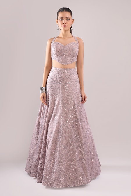 Samyukta Singhania_Purple Net Sequins, Embroidery Sweetheart Geometric Hand Blouse Lehenga Set _Online_at_Aza_Fashions