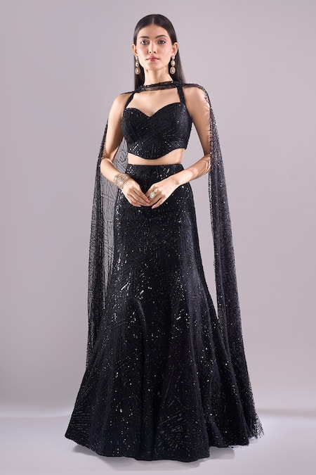 Samyukta Singhania Black Net Sequins, Embroidery Sweetheart Neck, Geometric Hand Lehenga Set