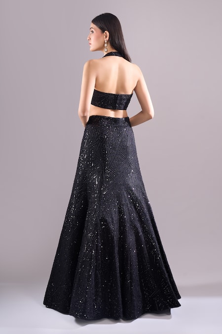 Shop Samyukta Singhania Black Net Sequins, Embroidery Sweetheart Neck, Geometric Hand Lehenga Set at Aza Fashions Shop_Samyukta Singhania_Black Net Sequins, Embroidery Sweetheart Neck, Geometric Hand Lehenga Set _at_Aza_Fashions