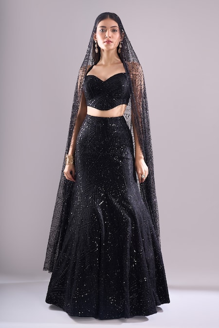 Shop Samyukta Singhania Black Net Sequins, Embroidery Sweetheart Neck, Geometric Hand Lehenga Set Online at Aza Fashions Shop_Samyukta Singhania_Black Net Sequins, Embroidery Sweetheart Neck, Geometric Hand Lehenga Set _Online_at_Aza_Fashions
