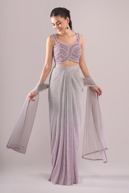 Samyukta Singhania Hand Embroidered Blouse & Shaded Draped Skirt Set 