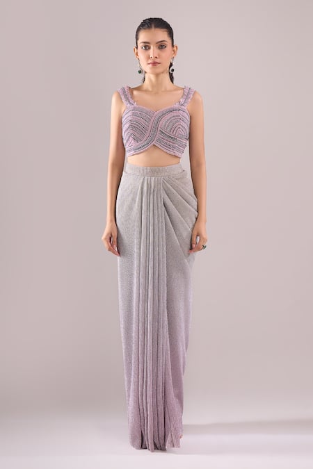 Samyukta Singhania_Purple Net Embroidery Sweetheart Neck Hand Blouse And Shaded Draped Skirt Set _Online_at_Aza_Fashions