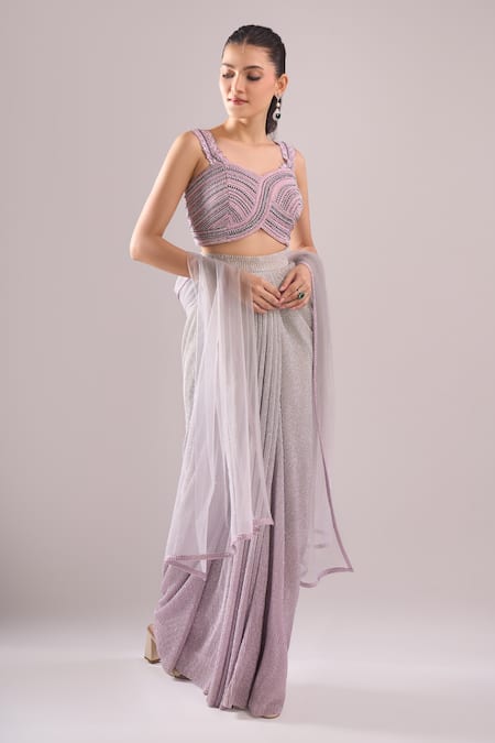 Shop_Samyukta Singhania_Purple Net Embroidery Sweetheart Neck Hand Blouse And Shaded Draped Skirt Set _Online_at_Aza_Fashions