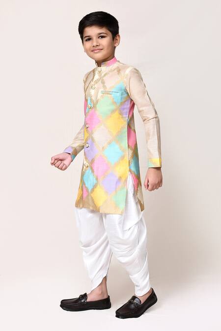Shop_Petite Pomme_Beige Brocade, Silk Zari Geometric Kurta And Dhoti Pant Set _Online_at_Aza_Fashions