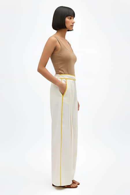 Buy_Neora By Nehal Chopra_Ivory Twill Pintuck Pant _Online_at_Aza_Fashions