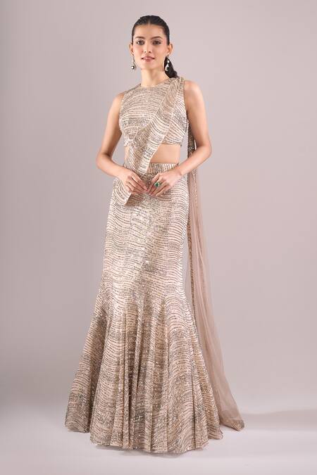 Shop_Samyukta Singhania_Beige Net, Lycra Sequins, Embroidery Round Neck Hand Mermaid Lehenga Set _Online_at_Aza_Fashions