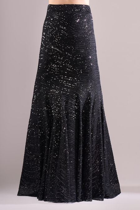 Buy_Samyukta Singhania_Black Net Sequins, Embroidery Round Neck Hand Lehenga Set _Online_at_Aza_Fashions