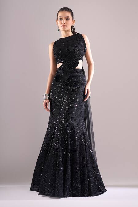 Samyukta Singhania_Black Net Sequins, Embroidery Round Neck Hand Lehenga Set _at_Aza_Fashions
