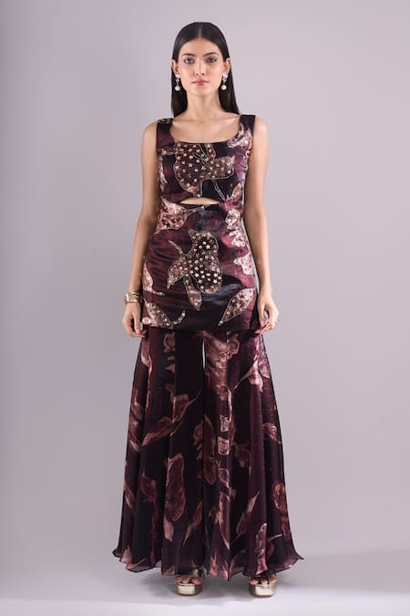 Buy_Samyukta Singhania_Brown Satin, Organza Embroidery, Sequins Printed Cut-out Kurta And Sharara Set _Online_at_Aza_Fashions