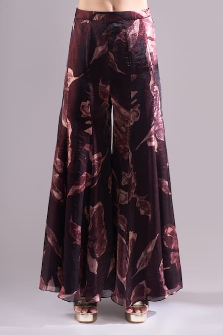 Samyukta Singhania_Brown Satin, Organza Embroidery, Sequins Printed Cut-out Kurta And Sharara Set _at_Aza_Fashions