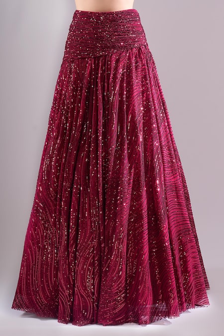 Samyukta Singhania_Red Net, Lycra Embroidery, Sequins Round Neck Hand Lehenga Set _Online_at_Aza_Fashions
