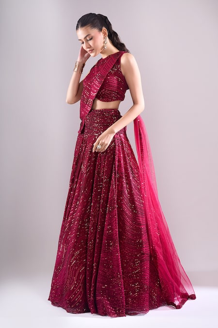 Buy_Samyukta Singhania_Red Net, Lycra Embroidery, Sequins Round Neck Hand Lehenga Set _Online_at_Aza_Fashions