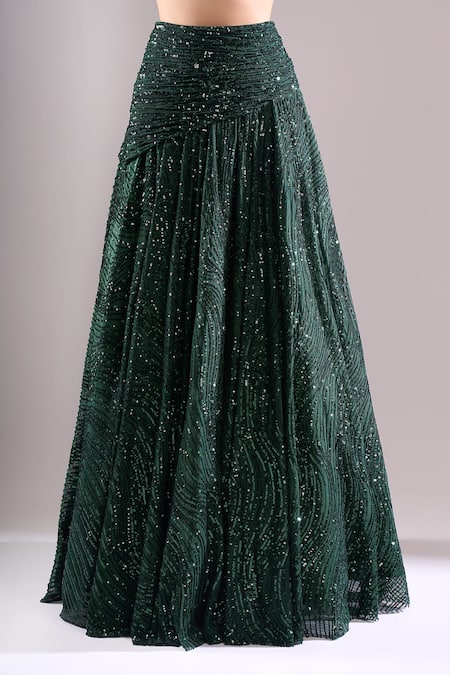 Buy_Samyukta Singhania_Emerald Green Net, Lycra Sequins, Embroidery Round Neck Hand Lehenga Blouse Set _Online_at_Aza_Fashions