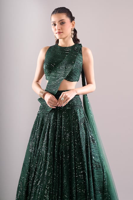 Samyukta Singhania_Emerald Green Net, Lycra Sequins, Embroidery Round Neck Hand Lehenga Blouse Set _at_Aza_Fashions