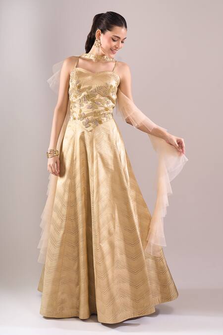 Shop_Samyukta Singhania_Gold Brocade, Net Embroidery Sweetheart Neck Hand Lehenga Set _Online_at_Aza_Fashions