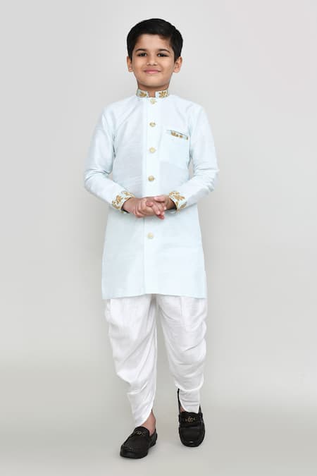 Petite Pomme Sky Blue Silk Embroidery, Zari Work Kurta And Patiala Pant Set 