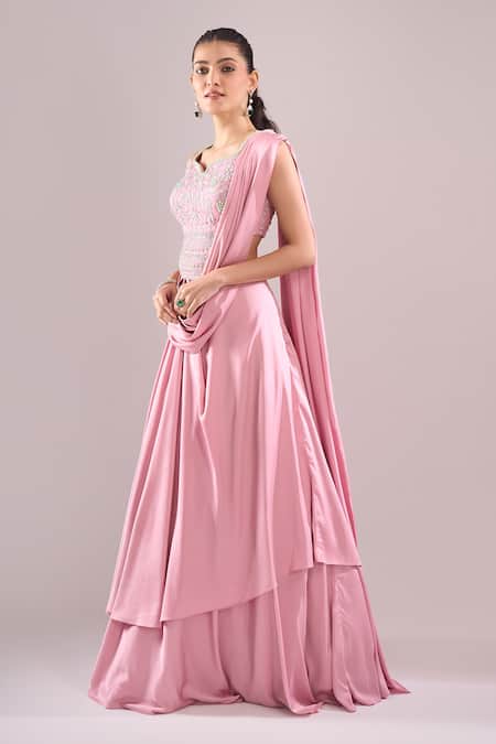 Buy_Samyukta Singhania_Pink Satin Beads, Sequins, Embroidery Hand Blouse And Draped Lehenga Set _Online_at_Aza_Fashions